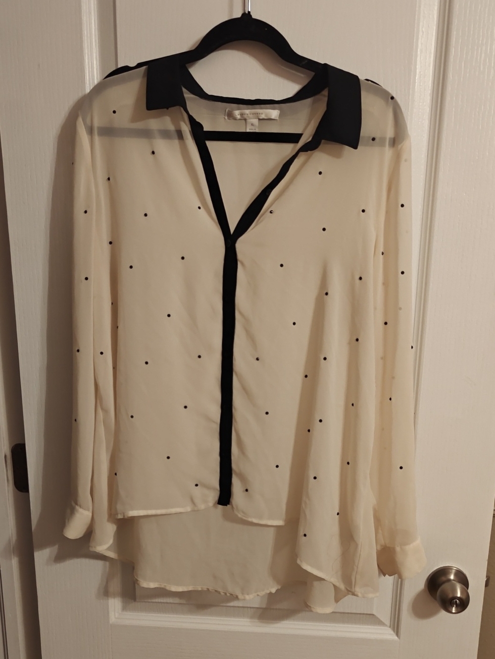 LC Lauren Conrad Ivory Sheer Blouse with Black Collar & Trim